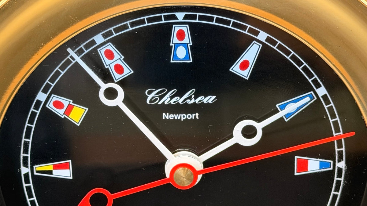 Macro image of Chelsea Newport dial with maritime signal flag markers