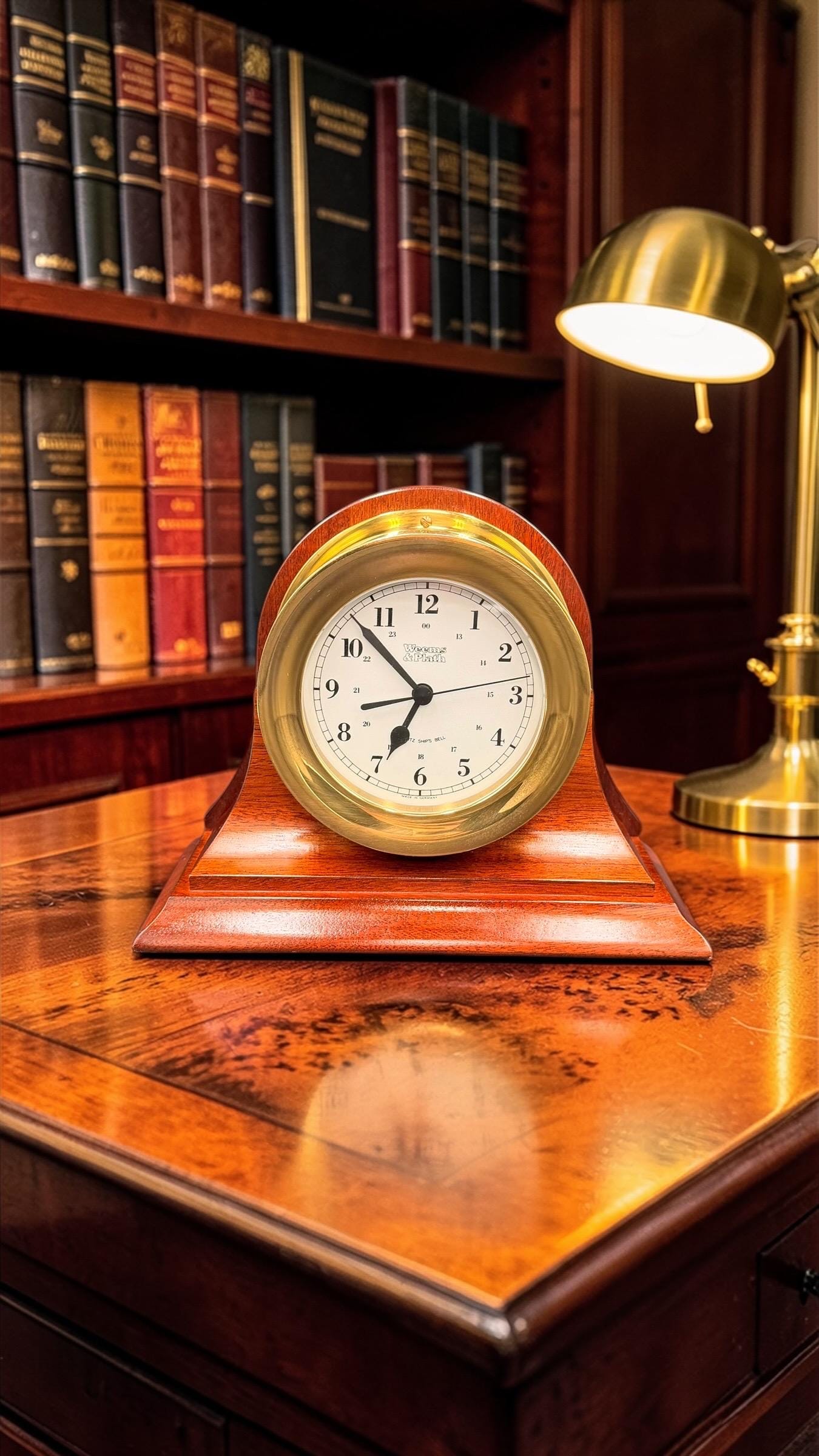Weems & Plath German Quartz Clock – Brass Porthole, Mahogany Base