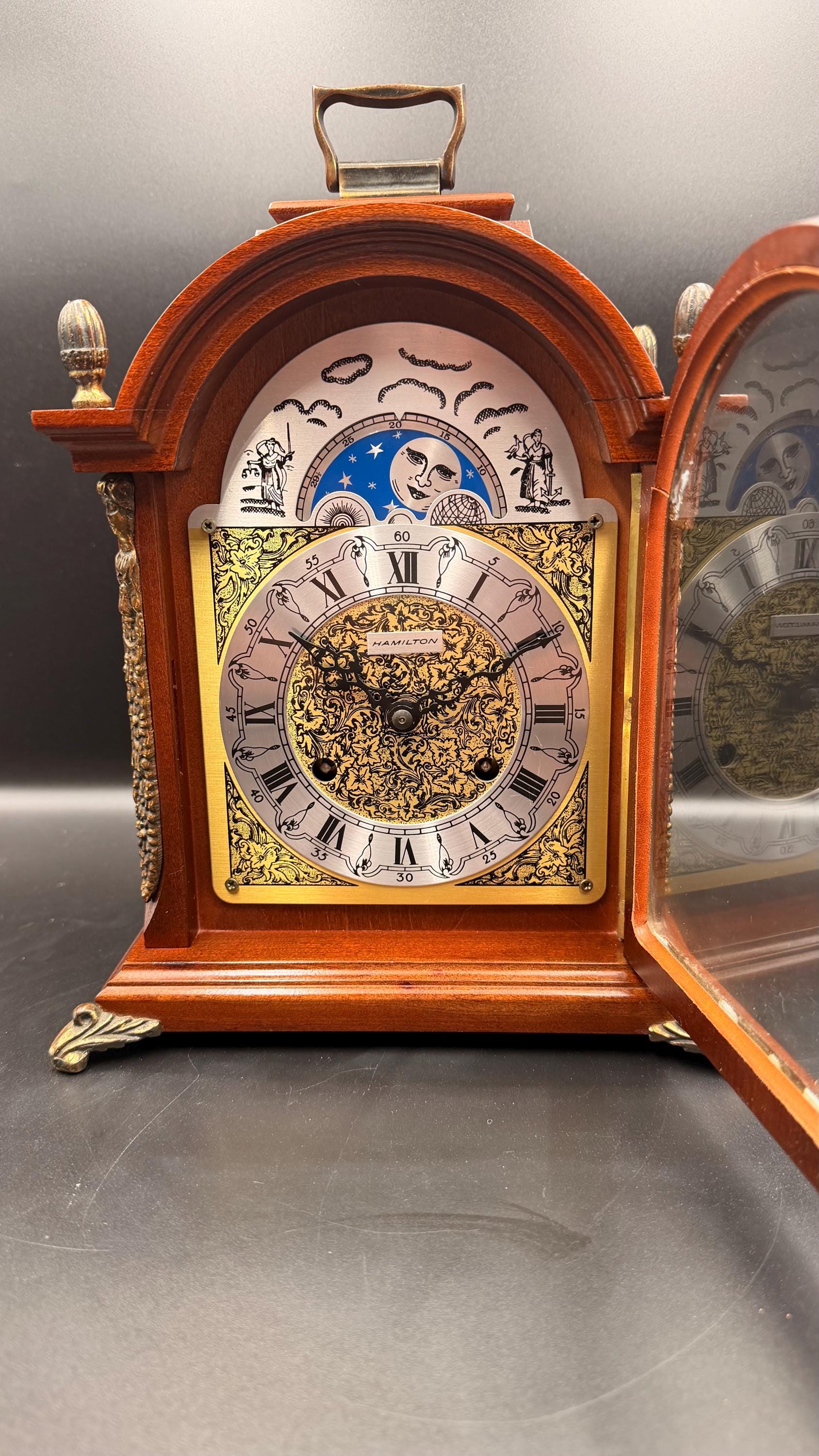 Hamilton Moon Phase Bracket Clock - Freshly Serviced – Bim Bam Bell Strike – Luxury Vintage Decor