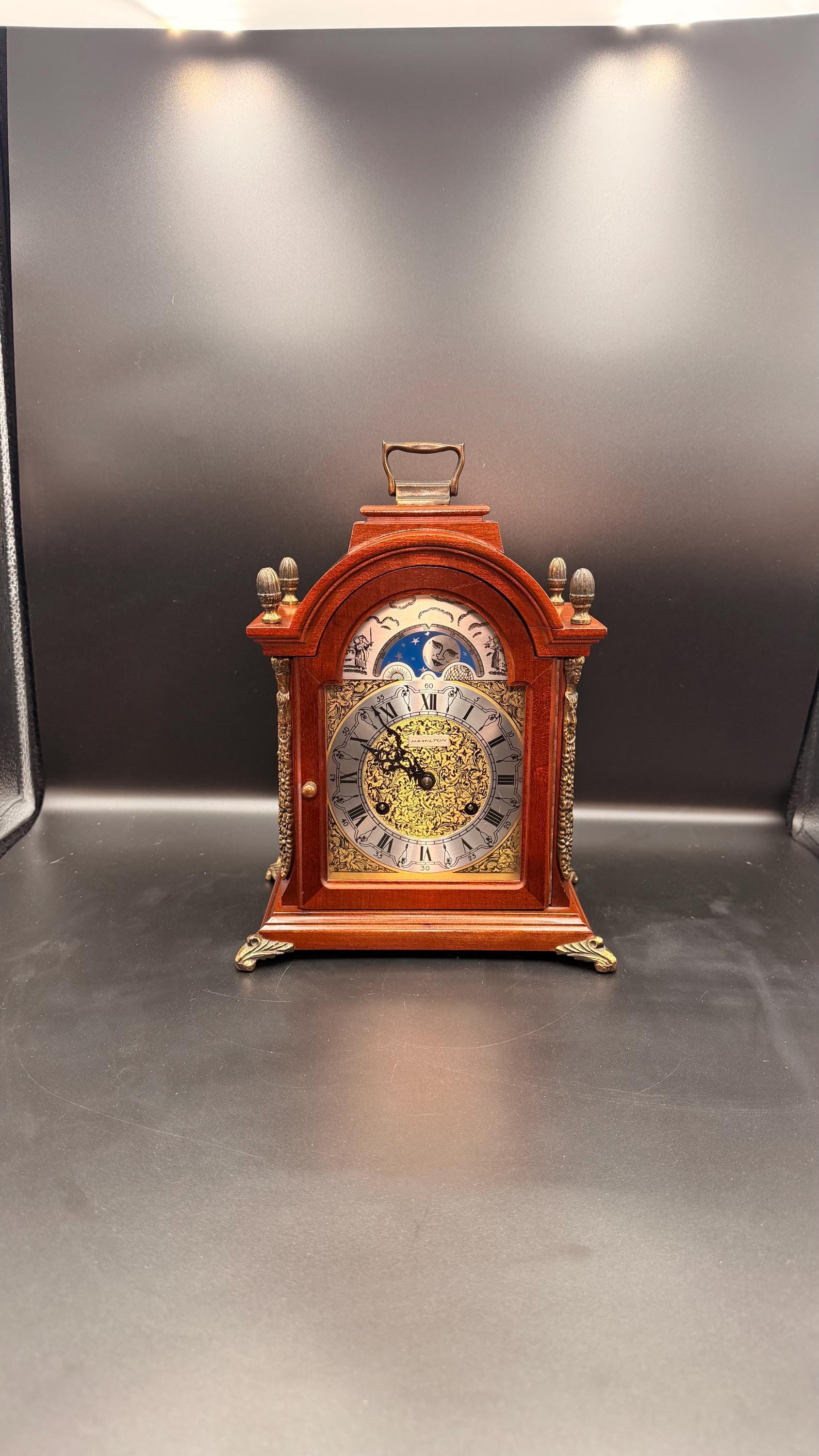 Hamilton Moon Phase Bracket Clock - Freshly Serviced – Bim Bam Bell Strike – Luxury Vintage Decor