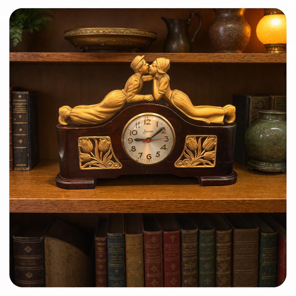Sessions Kissing Couple Mantel Clock – Art Deco Figural Cottage Clock