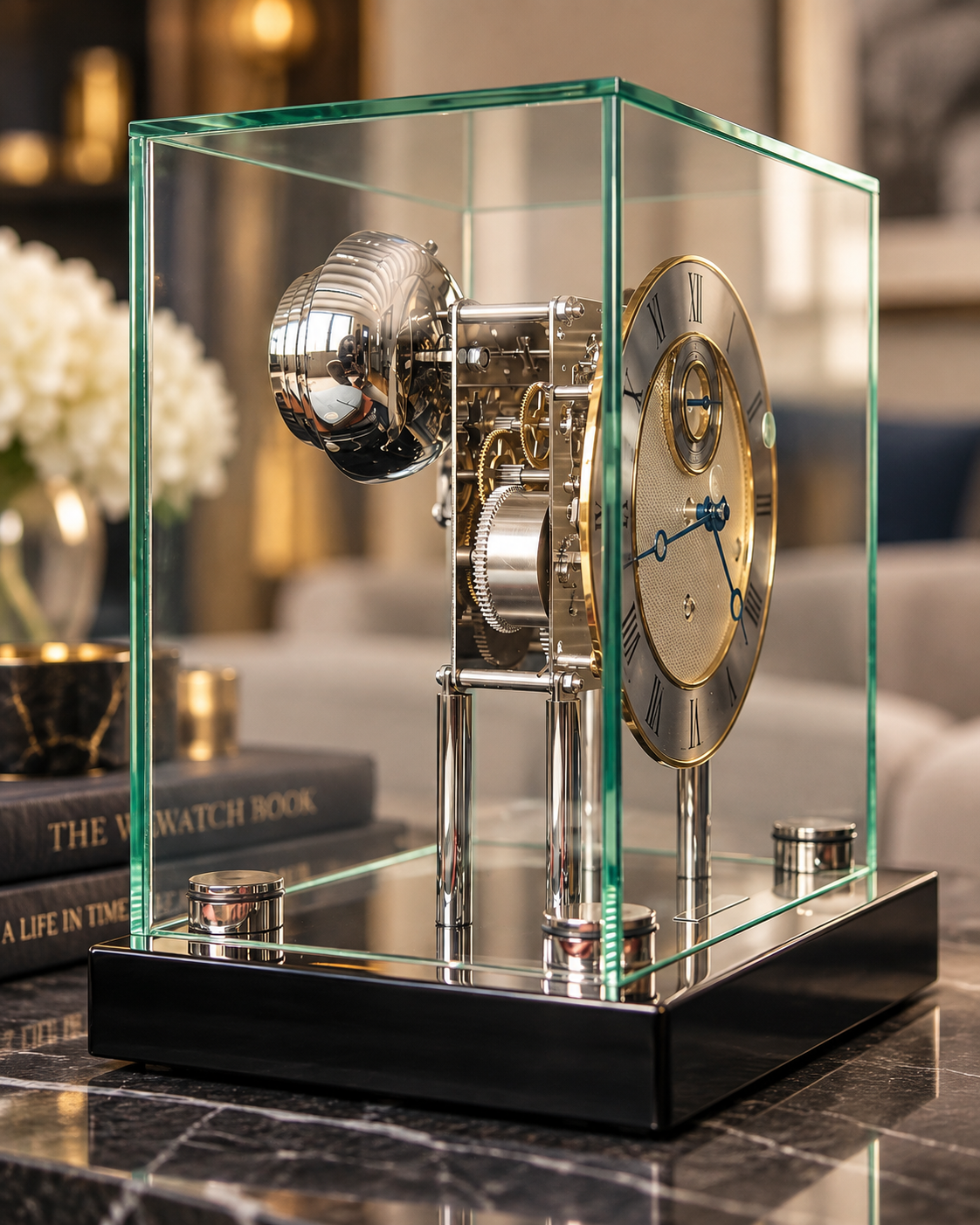 Luxury mechanical clock in glass case