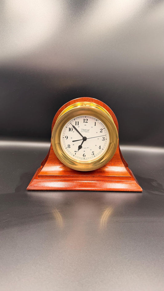 Weems & Plath German Quartz Clock – Brass Porthole, Mahogany Base