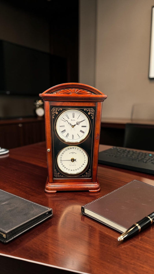 Bulova Cherry Wood Quartz Calendar Mantel Clock