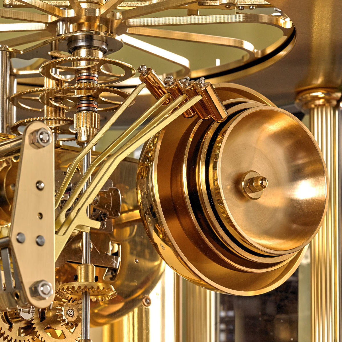 Close-up of the Hermle Tellurium Tourbillon - Brass mechanical movement