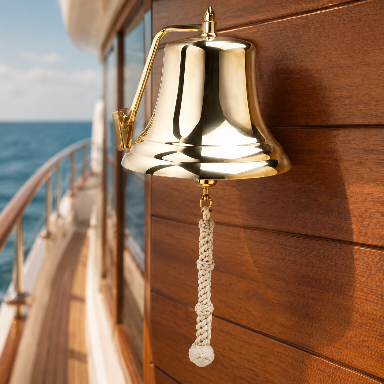 Weems & Plath 12-Inch Brass Bell with White Monkey’s-Fist Lanyard — lifestyle view