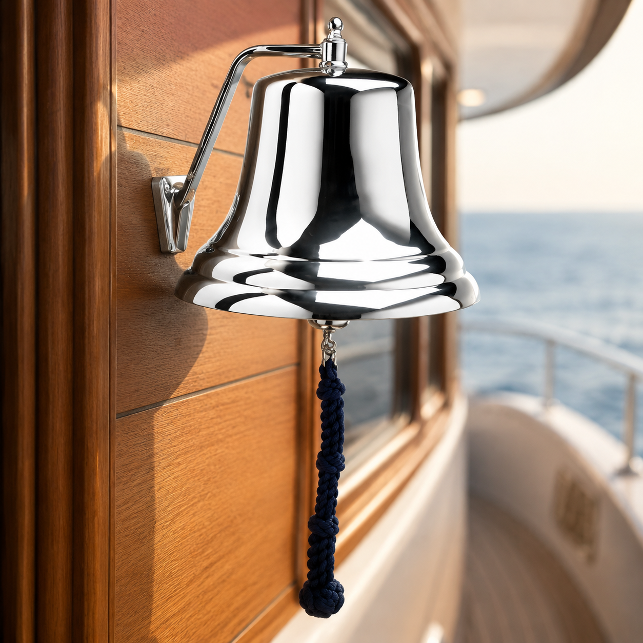 Weems & Plath 12-Inch Chrome Bell with Navy Monkey’s-Fist Lanyard — lifestyle view