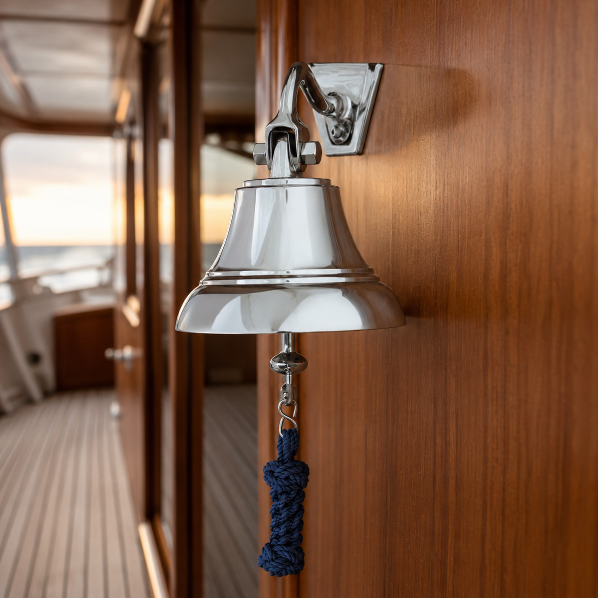 Weems & Plath 4-Inch Nickel Bell with Navy Blue Lanyard — lifestyle view