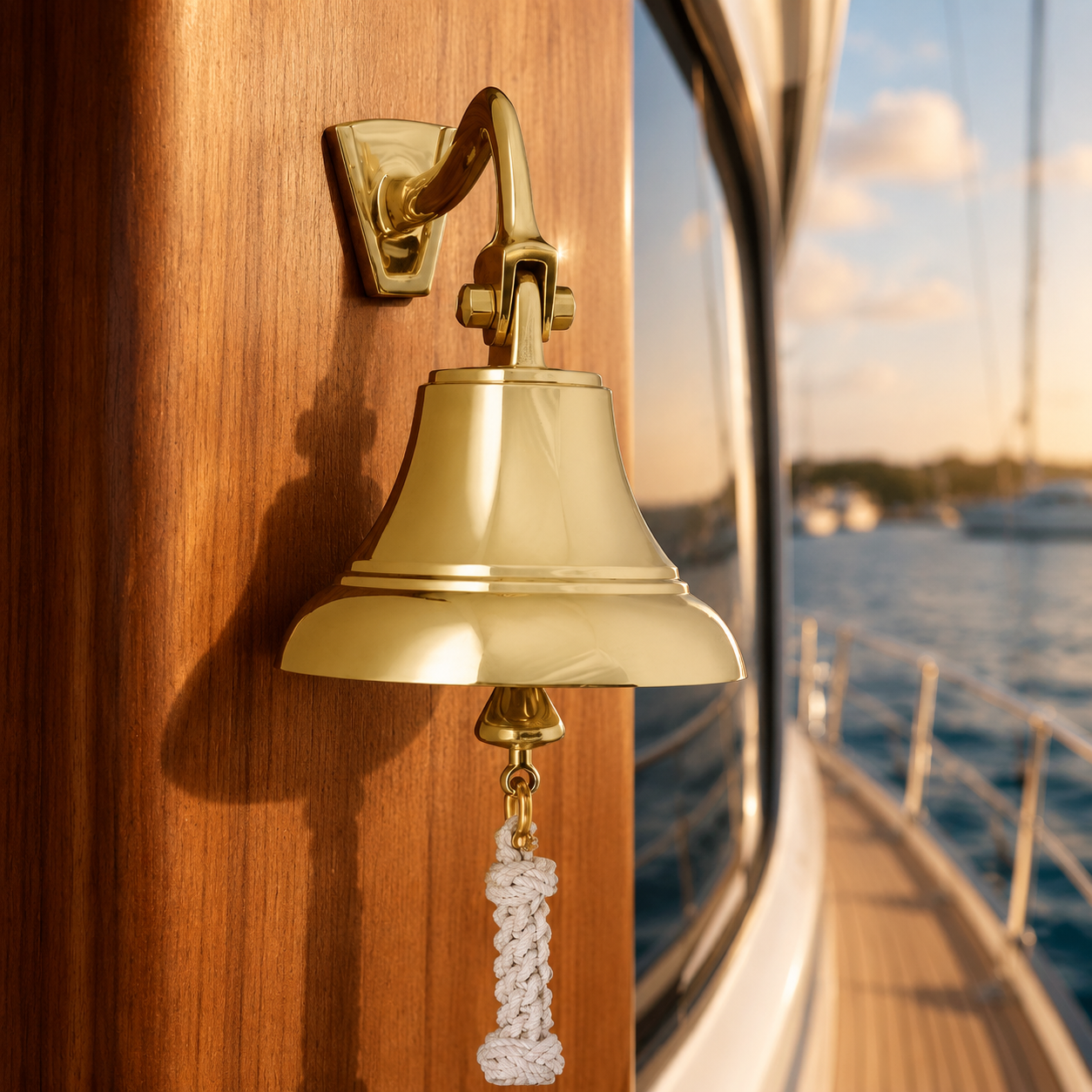 Weems & Plath 5-Inch Brass Bell with Off-White Lanyard — lifestyle view