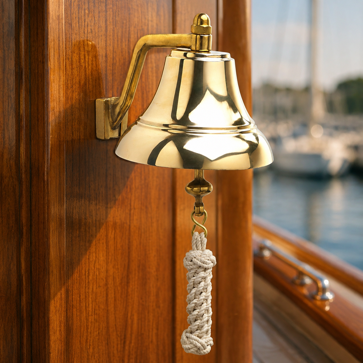Weems & Plath 6-Inch Brass Bell with Monkey's-Fist Lanyard — lifestyle view