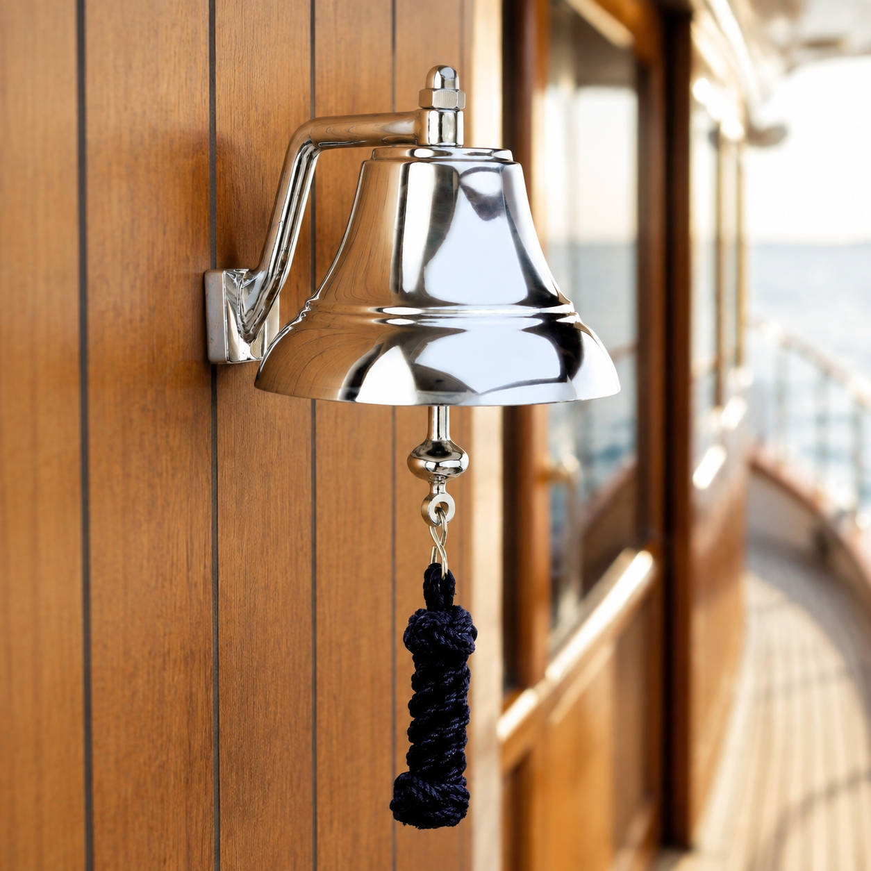 Weems & Plath 6-Inch Chrome Bell with Navy Monkey’s-Fist Lanyard — lifestyle view
