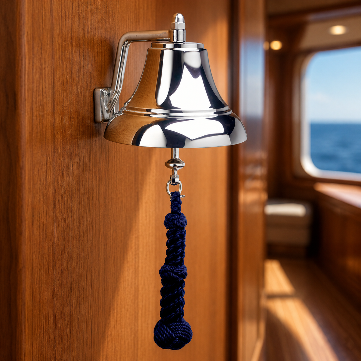 Weems & Plath 7-Inch Chrome Bell with Navy Monkey’s-Fist Lanyard — lifestyle view