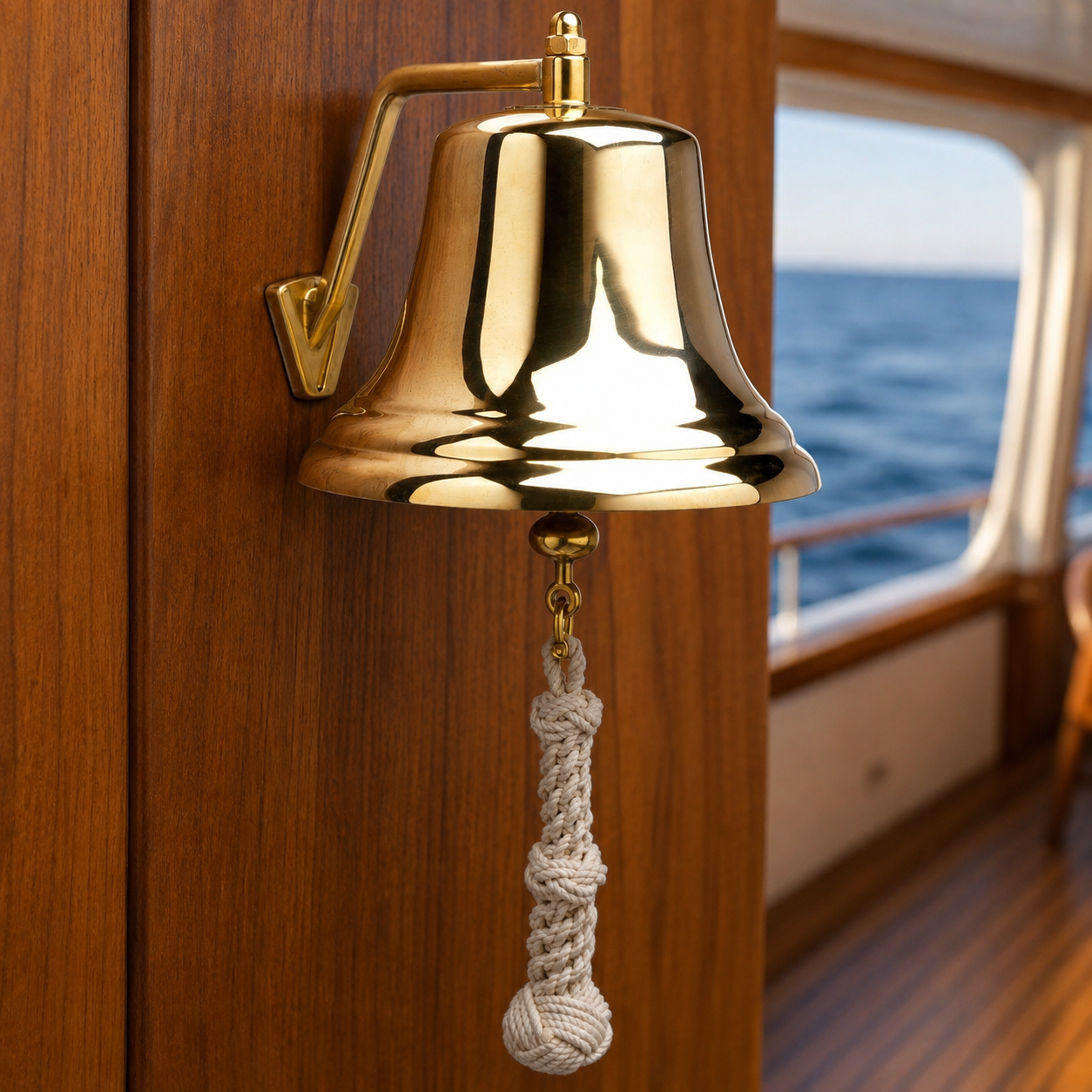 Weems & Plath 8-Inch Brass Bell with White Monkey’s-Fist Lanyard — lifestyle view