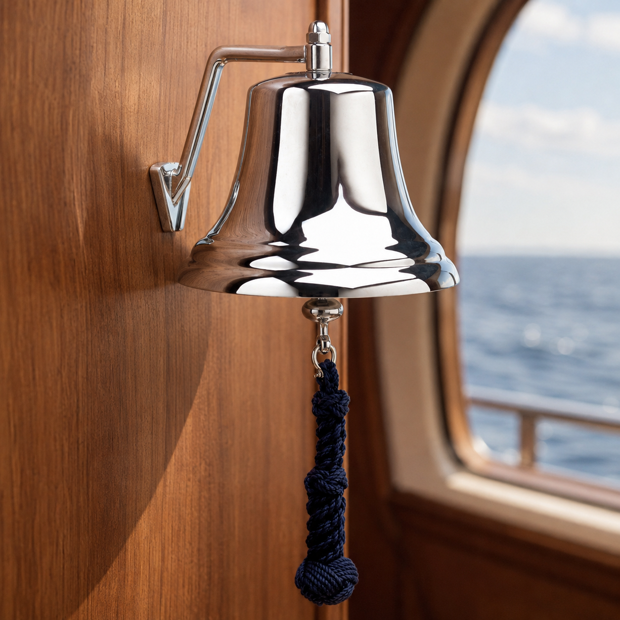 Weems & Plath 8-Inch Chrome Bell with Navy Monkey’s-Fist Lanyard — lifestyle view