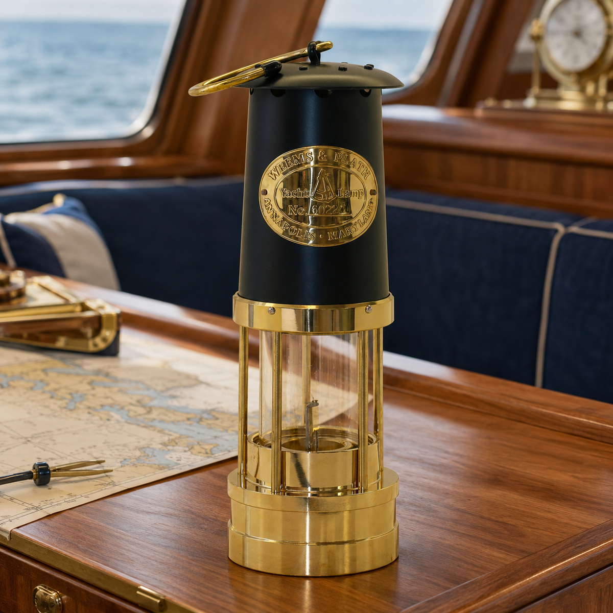 Weems & Plath Brass Yacht Lamp with Black Bonnet — lifestyle view