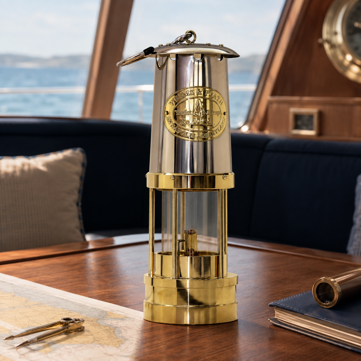 Weems & Plath Brass Yacht Lamp with Stainless Steel Bonnet — lifestyle view