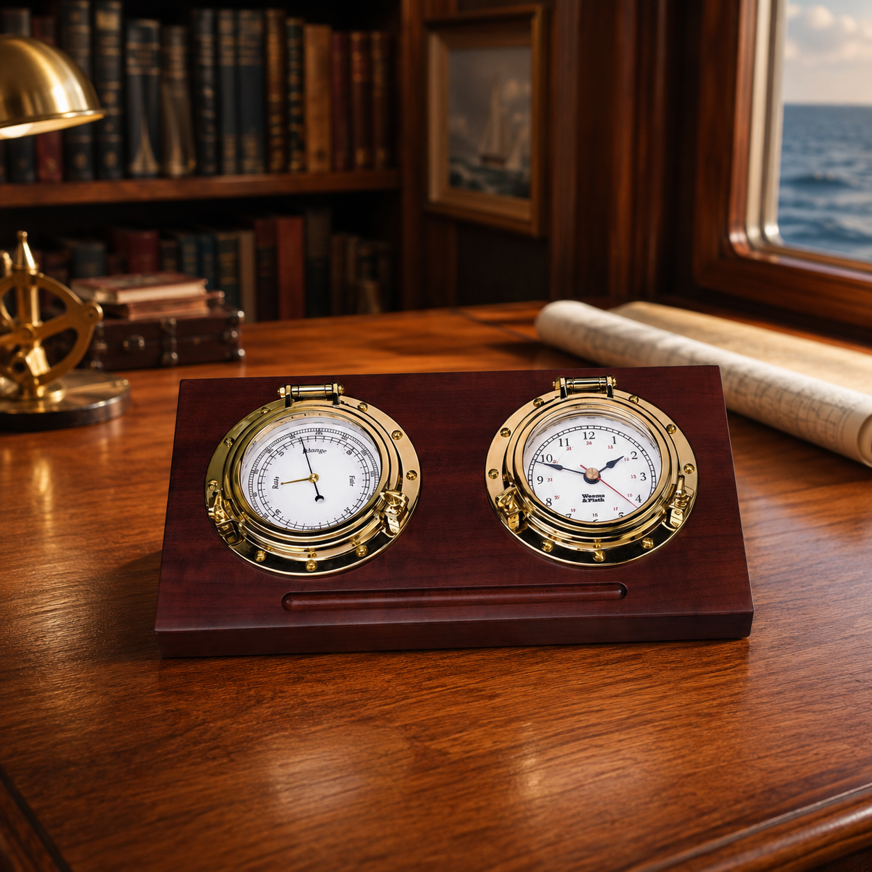 Weems & Plath Porthole Desk Clock & Barometer Set — lifestyle view
