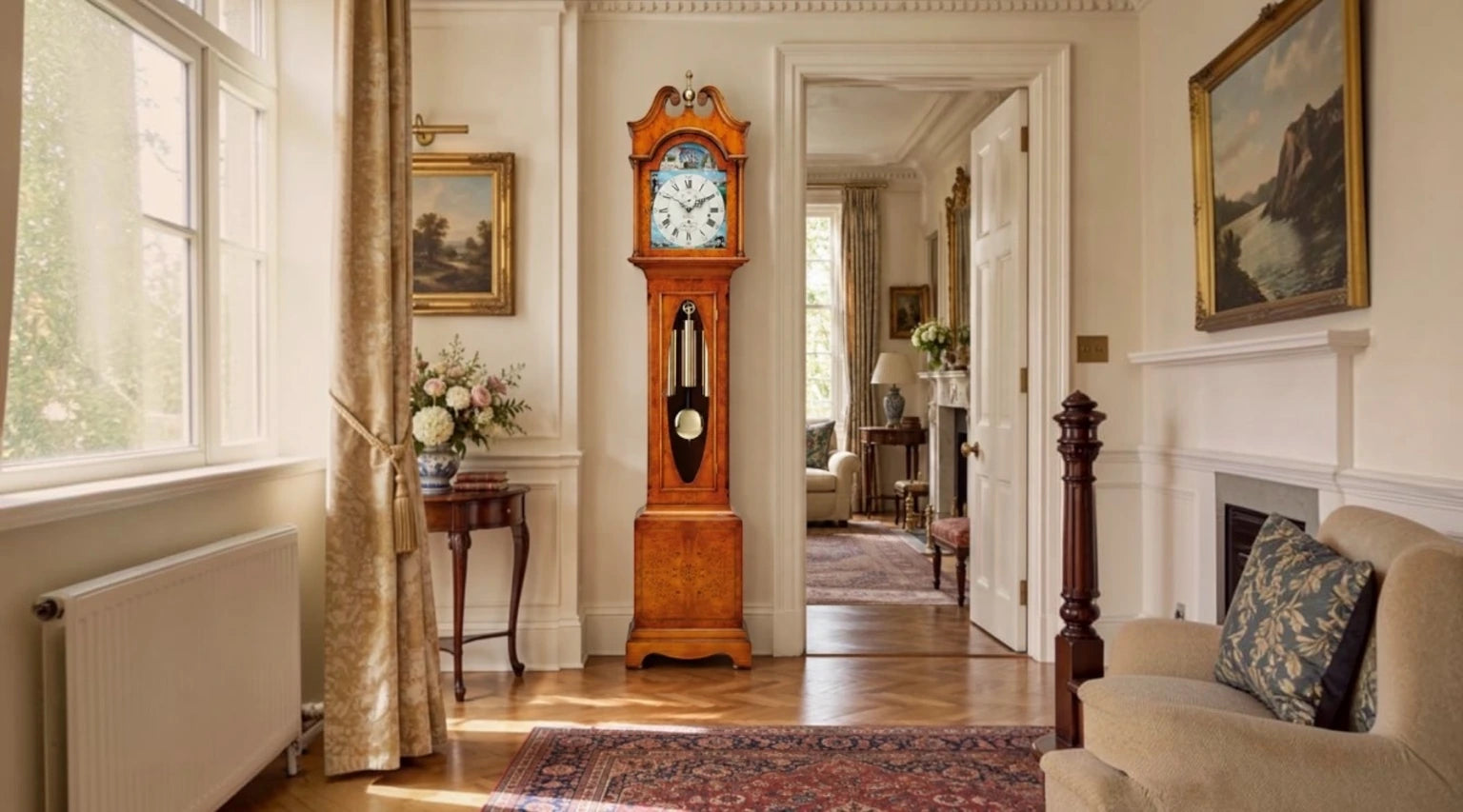 Comitti wooden longcase floor clock in a furnished room
