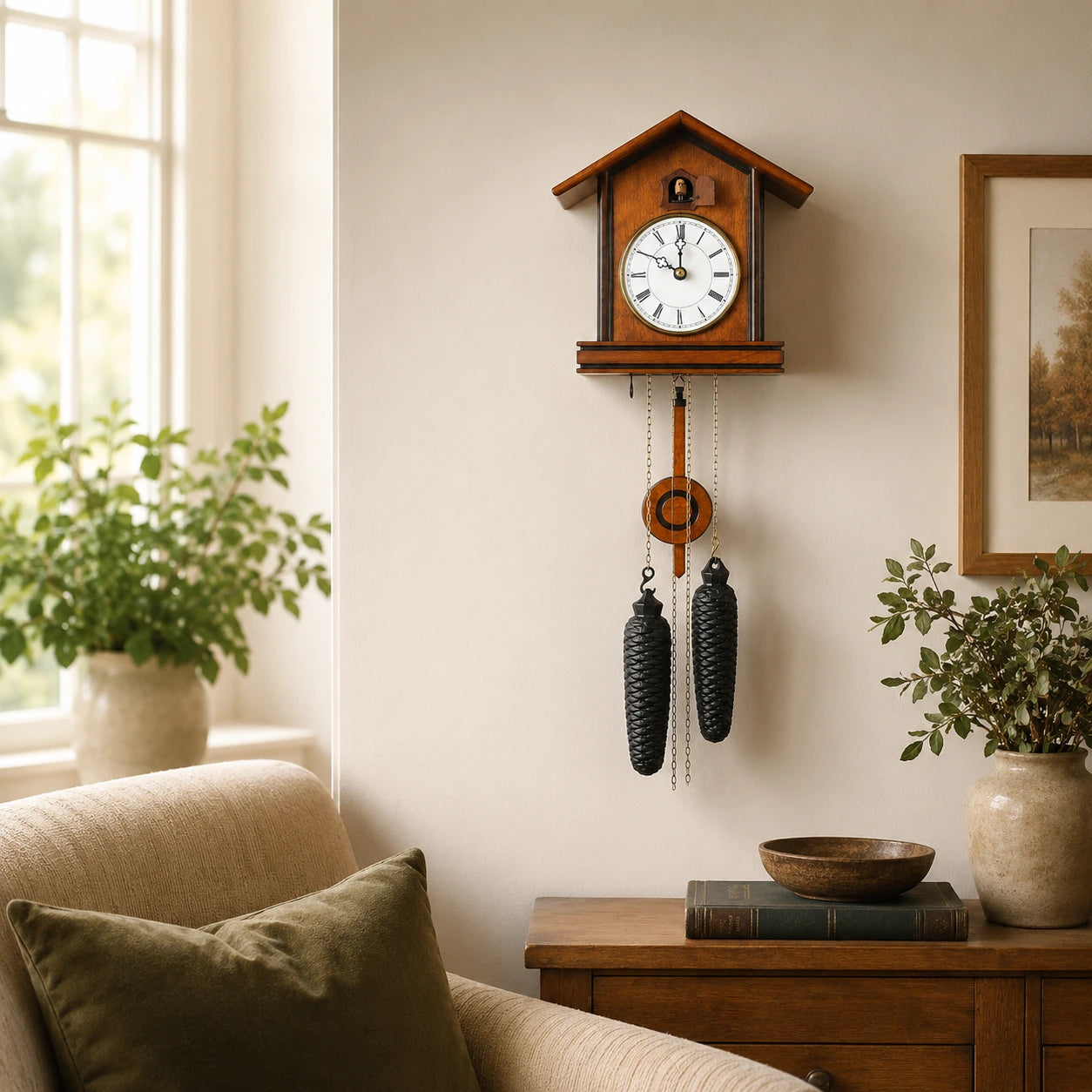 Rombach & Haas Bahnhäusle 8257 cuckoo clock with pendulum and weights in a sitting room
