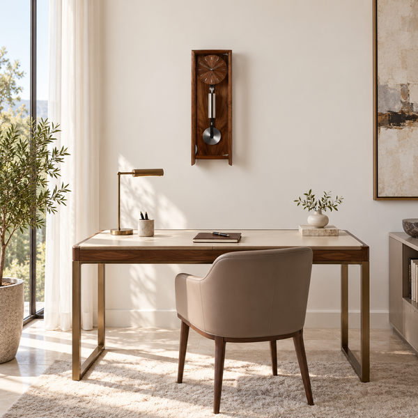 Comitti Froxfield walnut wall clock above a writing desk