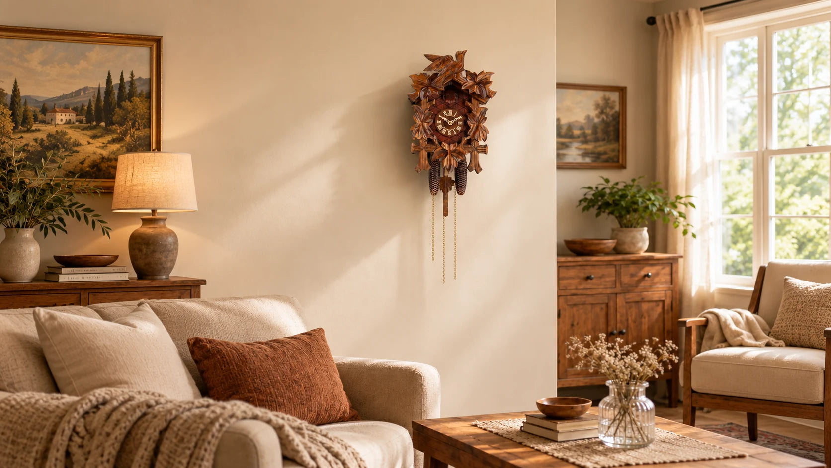 Anton Schneider mechanical cuckoo clock in a furnished living room