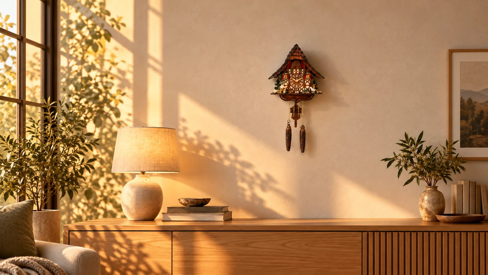 Anton Schneider Golden Hour electronic cuckoo clock in a furnished living room