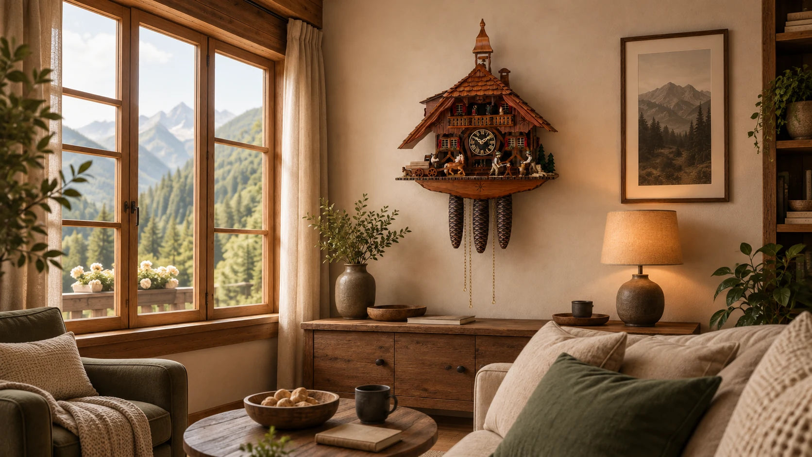 Anton Schneider musical cuckoo clock in a furnished living room