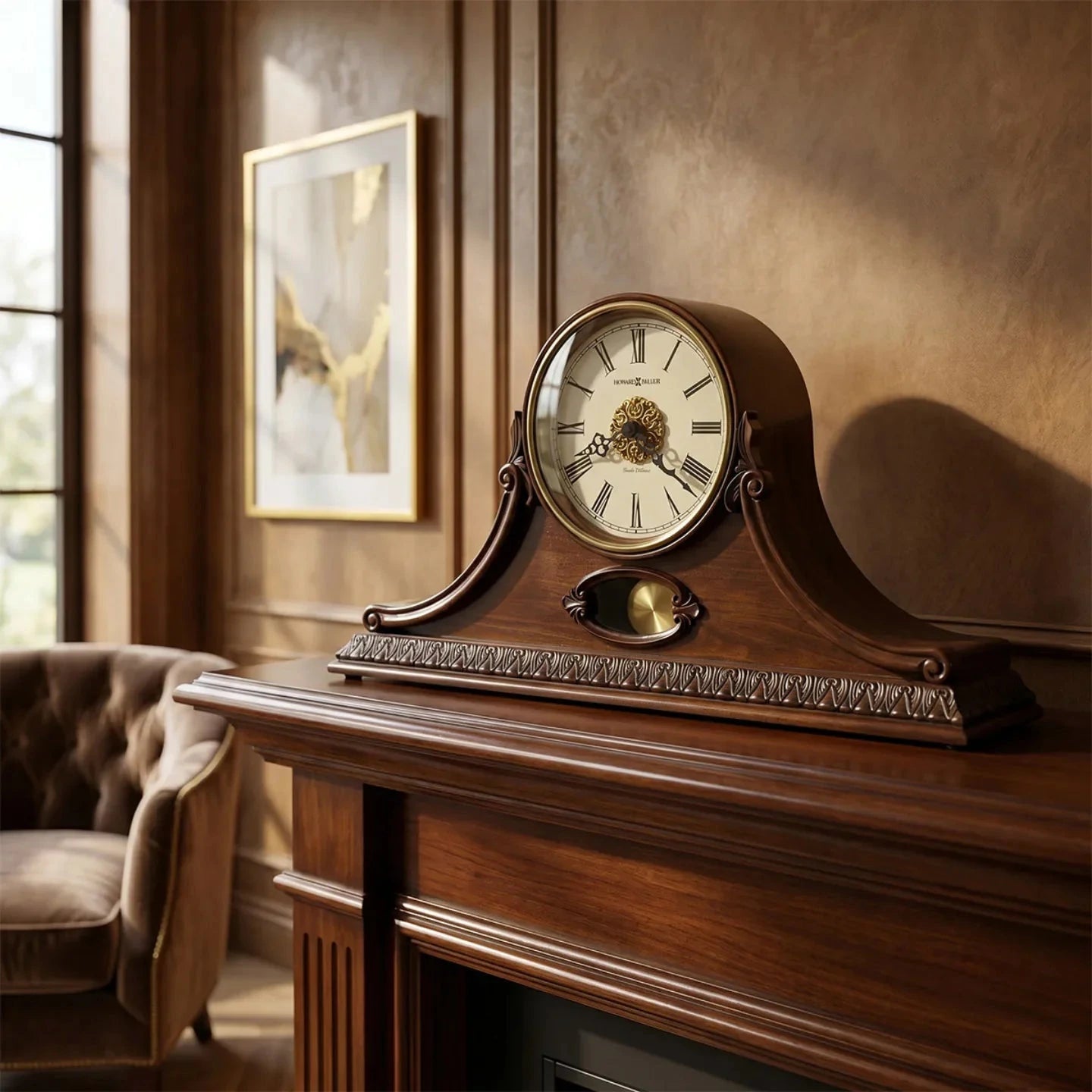 Howard Miller Andrea dual-chime mantel clock above a fireplace