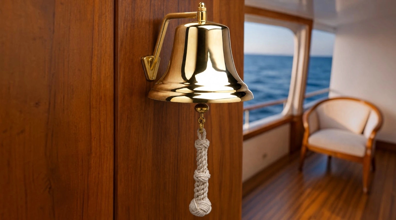Weems & Plath eight-inch brass bell with a white monkey’s-fist lanyard in a boat cabin