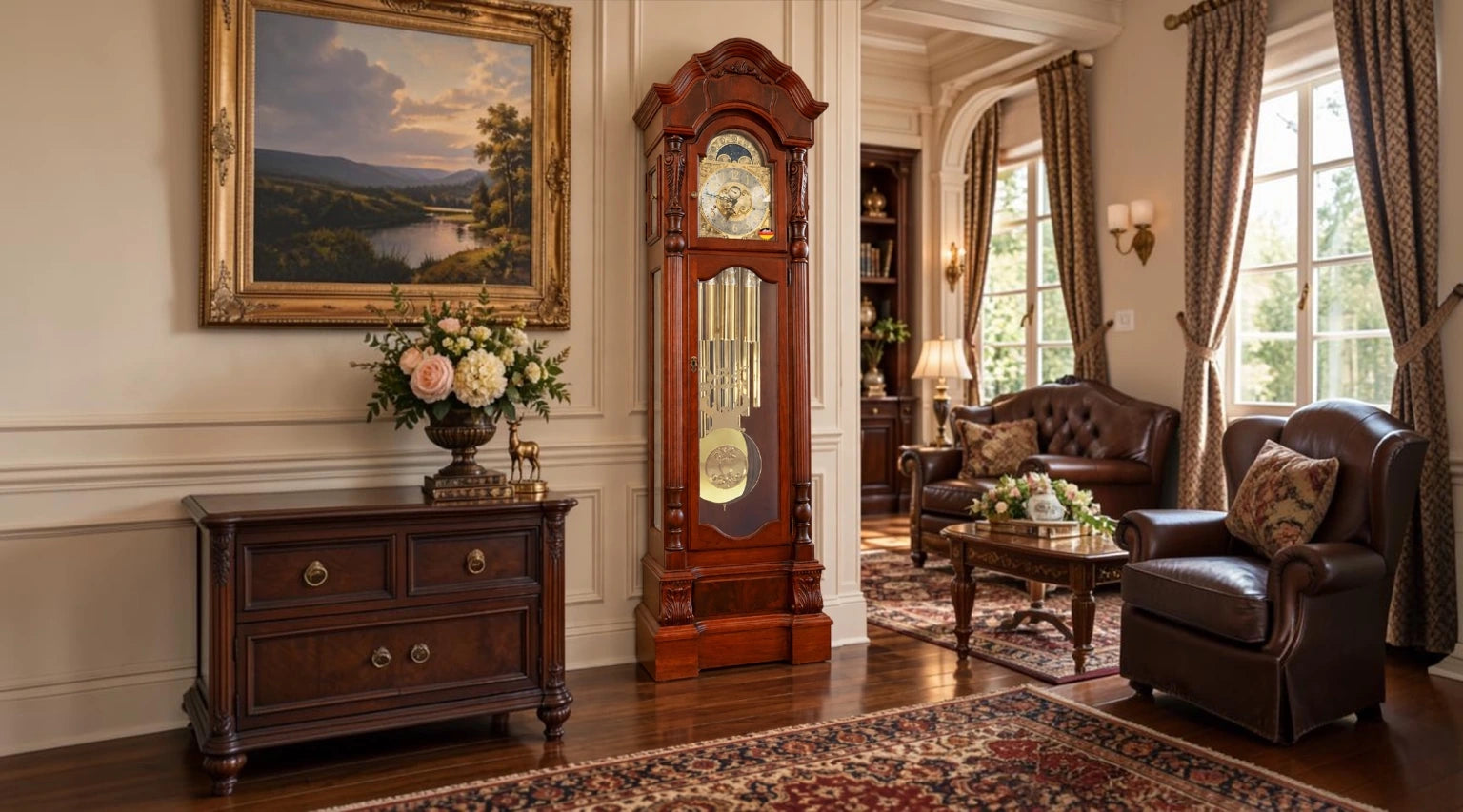 Hermle Anstead cherry floor clock in a furnished room