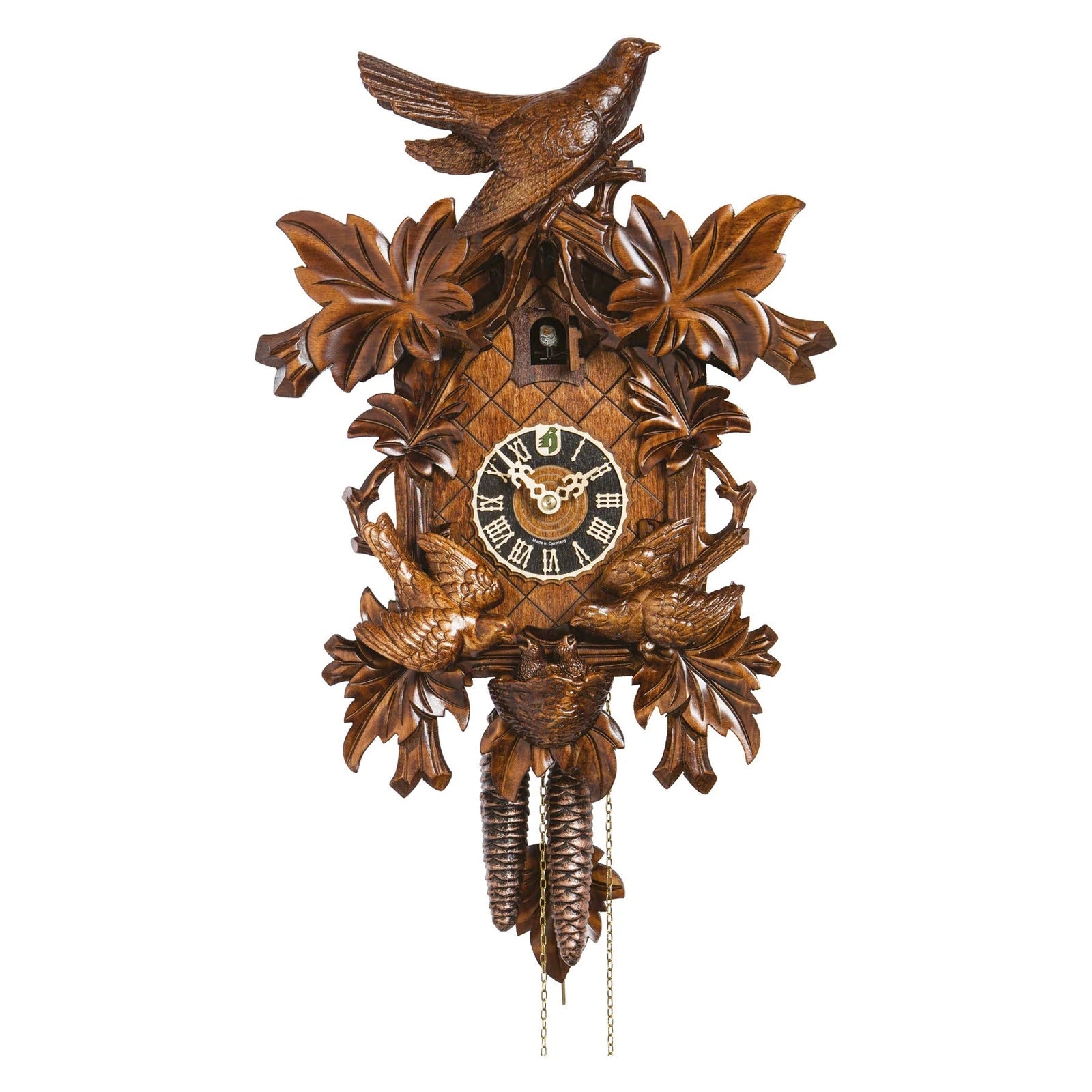 Carved birds-and-leaves Hönes cuckoo clock with weights.