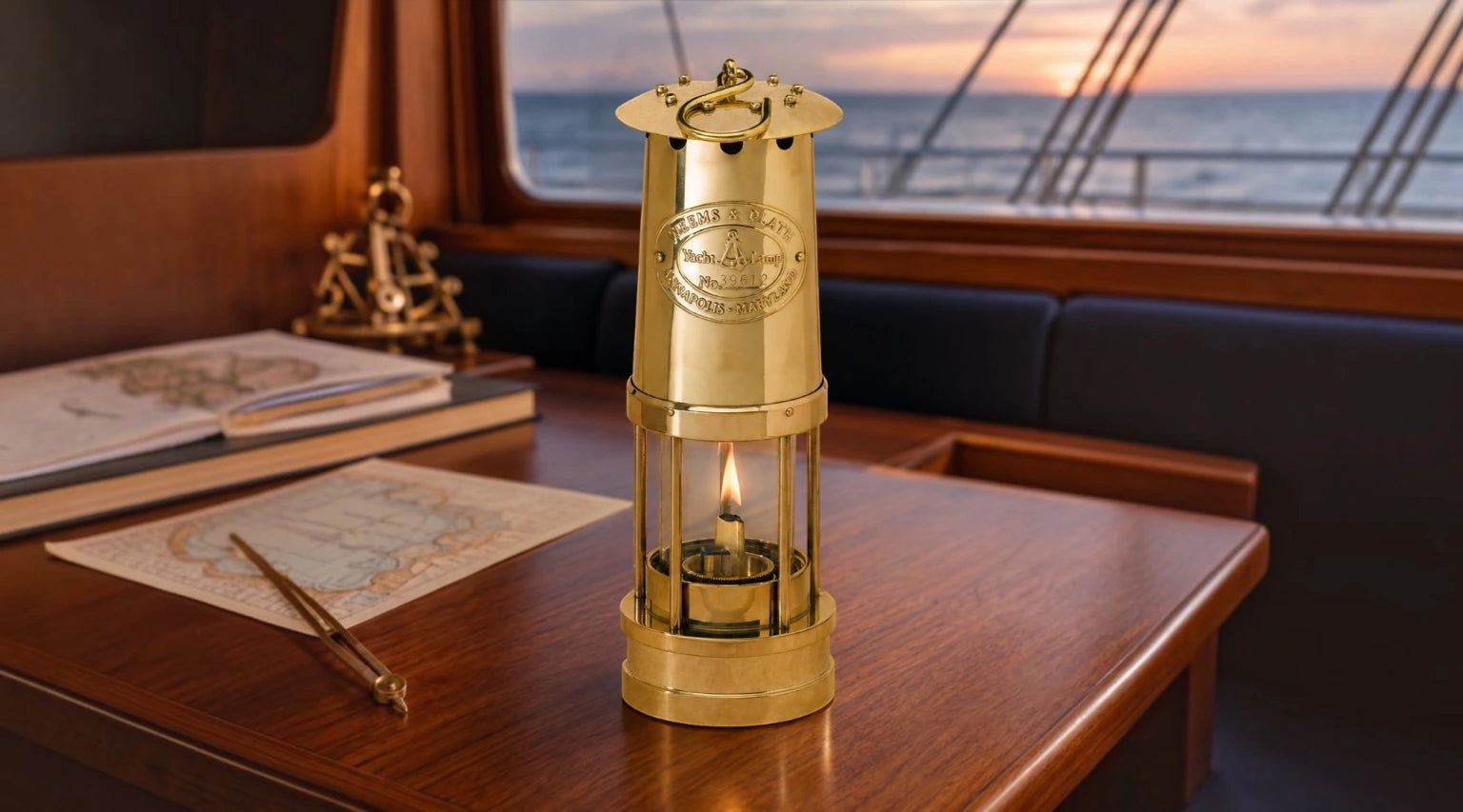 Weems & Plath brass yacht lamp lit on a wooden cabin table